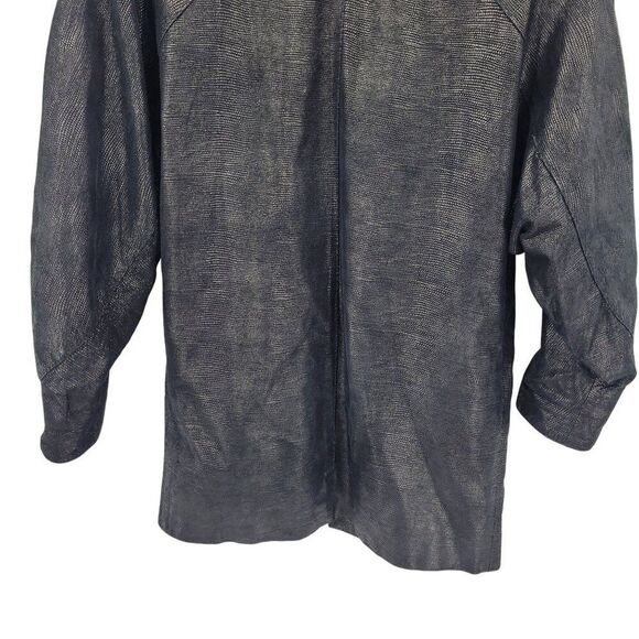 Vtg 80s Genuine Leather Jacket Sz L Black Oil Slick Textured Batwing Oversized - Picture 11 of 12